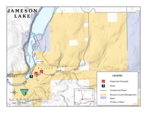 Recreation Map of Jameson Lake in the BLM Spokane District area in Washington. Published by the Bureau of Land Management (BLM).