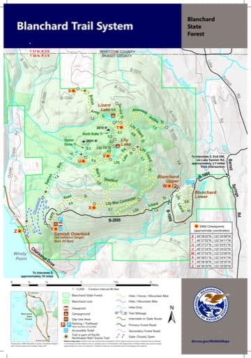 Map of Blanchard Trail System in Blanchard State Forest in Washington. Published by Washington State Department of Natural Resources (WSDNR).
