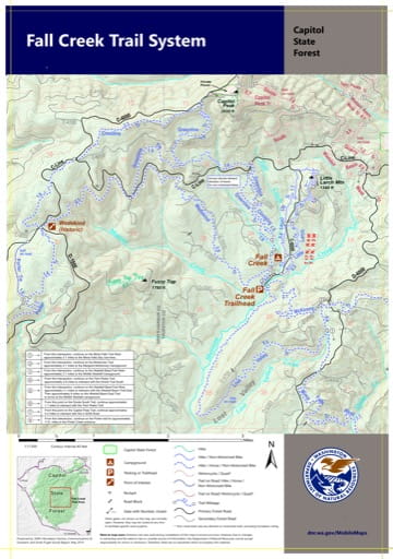 Map of Fall Creek Trail System in Capitol State Forest in Washington. Published by Washington State Department of Natural Resources (WSDNR).