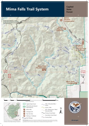 Map of Mima Falls Trail System in Capitol State Forest in Washington. Published by Washington State Department of Natural Resources (WSDNR).