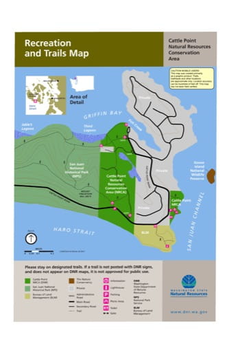 Map of Recreation and Trails for Cattle Point Natural Resources Conservation Area (NRCA) in Washington. Published by Washington State Department of Natural Resources (WSDNR).