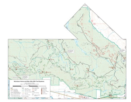 Map of Nicholson Horse and Elbe Hills ORV Trail Systems in Elbe Hills State Forest in Washington. Published by Washington State Department of Natural Resources (WSDNR).