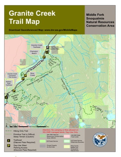 Map of Granite Creek Trail in Middle Fork Snoqualmie Natural Resources Conservation Area (NRCA). Published by Washington State Department of Natural Resources (WSDNR).