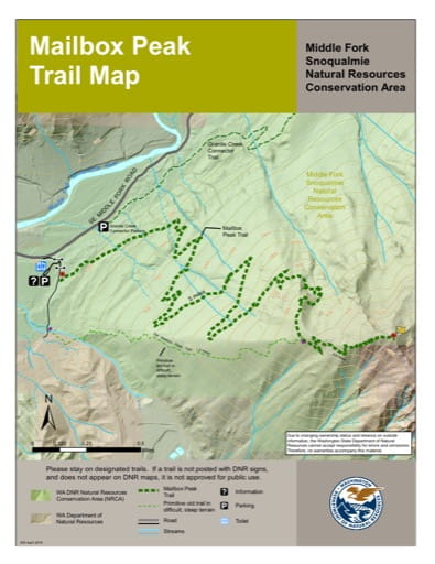 Map of Mailbox Peak Trail in Middle Fork Snoqualmie Natural Resources Conservation Area (NRCA). Published by Washington State Department of Natural Resources (WSDNR).