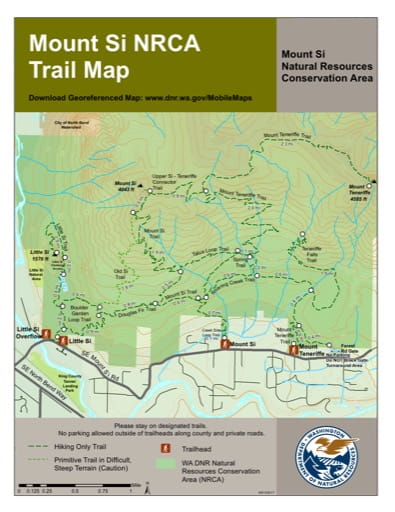 Trails map of Mount Si Natural Resources Conservation Area (NRCA). Published by Washington State Department of Natural Resources (WSDNR).