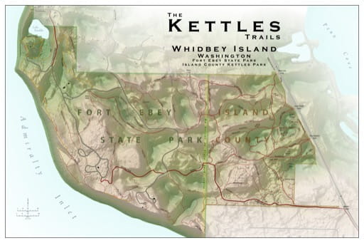 Map of the Kettles Trails and Fort Ebey State Park (SP) on Whidbey Island. Published by the Evergreen Mountain Bike Alliance.