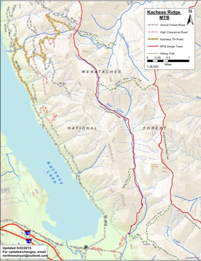 Map of Kachess Ridge Mountain Bike Trail System (MTB). Published by the Evergreen Mountain Bike Alliance.