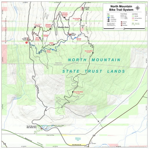 Map of North Mountain Bike Trail System in North Mountain State Trust Lands (STL). Published by the Evergreen Mountain Bike Alliance.