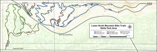 Map of Lower North Mountain Bike Trails Skills Park Area in North Mountain State Trust Lands (STL). Published by the Evergreen Mountain Bike Alliance.