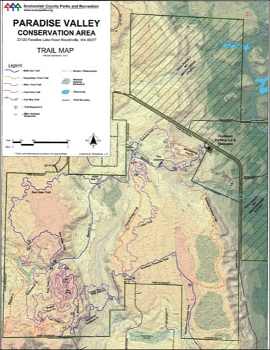 Map of Mountain Bike Trials in Paradise Valley Conservation Area. Published by the Evergreen Mountain Bike Alliance.