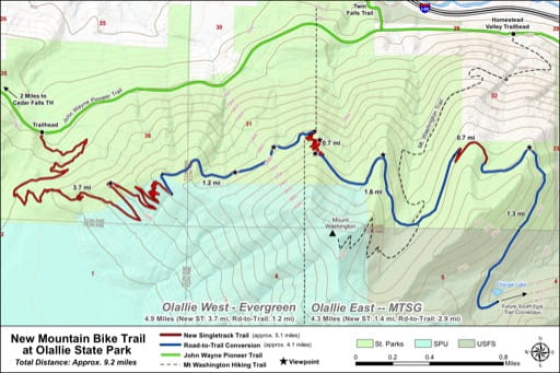 Map of Mountain Bike Trails at Olallie State Park (SP). Published by the Evergreen Mountain Bike Alliance.