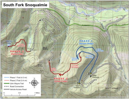 Map of Mountain Bike Trails at South Fork Snoqualmie. Published by the Evergreen Mountain Bike Alliance.