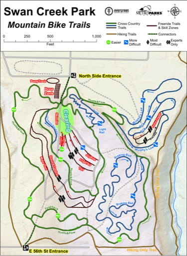 Map of Mountain Bike Trails at Swan Creek Park. Published by the Evergreen Mountain Bike Alliance.