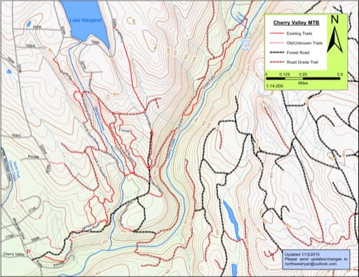 Map of Mountain Bike Trails at Cherry Valley. Published by the Evergreen Mountain Bike Alliance.