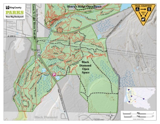 Recreation Map of Black Diamond Open Space in King County in Washington. Published by King County, Washington.