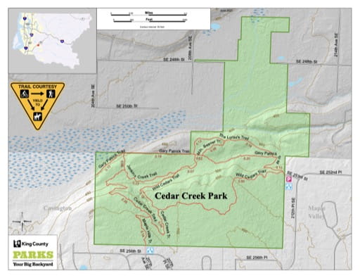 Recreation Map of Cedar Creek Park in King County in Washington. Published by King County, Washington.