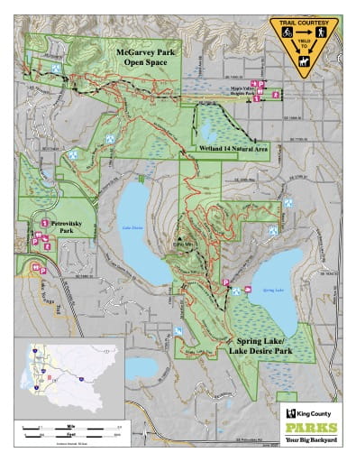 Recreation Map of Spring Lake / Lake Desire / McGravey Parks in King County in Washington. Published by King County, Washington.