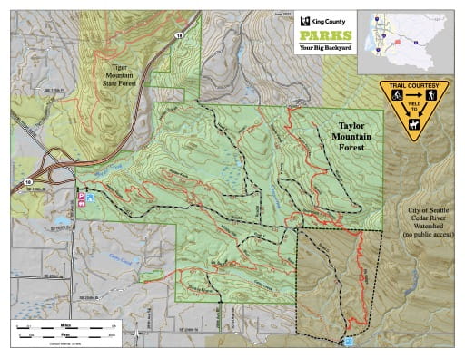 Recreation Map of Taylor Mountain Forest in King County in Washington. Published by King County, Washington.