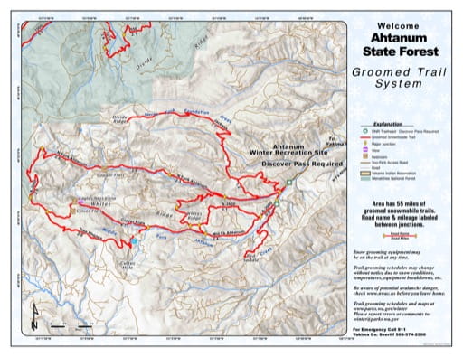 Map of Ahtanum State Forest (SF) Groomed Trail System. Published by Washington State Parks (WASP).