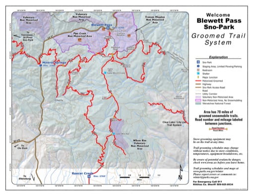 Map of Blewett Pass Sno-Park Groomed Trail System. Published by Washington State Parks (WASP).