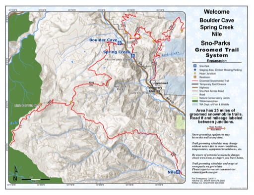 Map of Bould Cave Sno-Park, Spring Creek Sno-Park, Nile Sno-Park Groomed Trail System. Published by Washington State Parks (WASP).