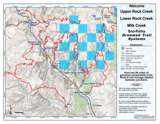 Map of Upper Rock Creek, Lower Rock Creek, Milk Creek Sno-Parks Groomed Trail System. Published by Washington State Parks (WASP).