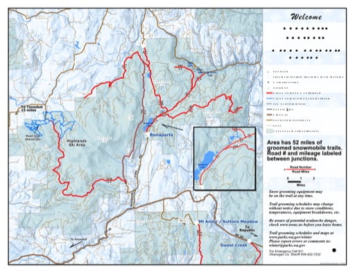 Map of Bonaparte Sno-Park Groomed Trail System in Washington. Published by Washington State Parks (WASP).