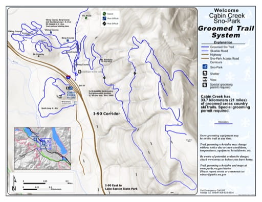 Map of Cabin Creek Sno-Park Groomed Trail System published Washington State Parks (WASP).