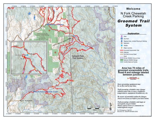 Map of Calispell Peak Area, North Fork Chewelah Creek Sno-Park Groomed Trail System. Published by Washington State Parks (WASP).