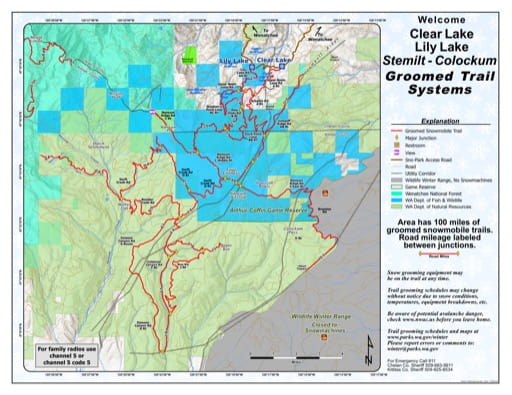Map of Clear Lake, Liy Lake, Stemilt-Colockum Sno-Parks Groomed Trail System. Published by Washington State Parks (WASP).