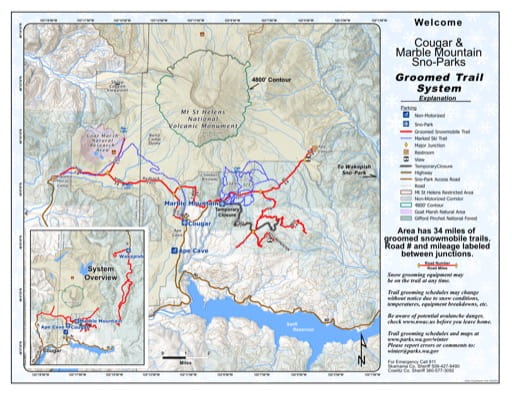 Map of Cougar & Marble Mountain Sno-Parks Groomed Trail System. Published by Washington State Parks (WASP).