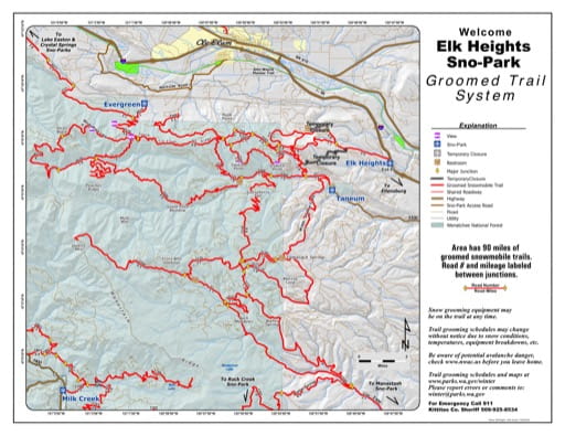 Map of Elk Heights Sno-Park Groomed Trail System published Washington State Parks (WASP).