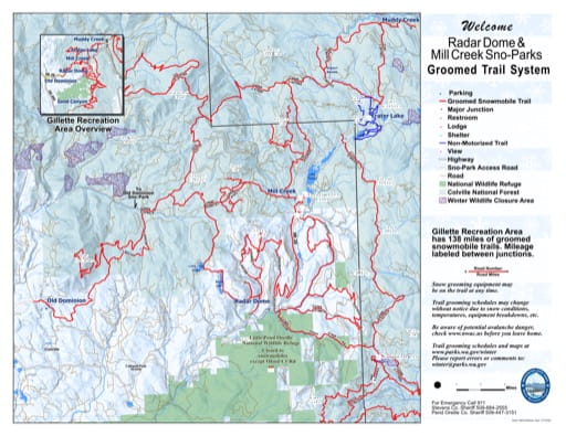 Map of Radar Dome and Mill Creek Sno-Parks Groomed Trail System in Washington. Published by Washington State Parks (WASP).