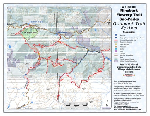 Map of Ninebark, Flowery Trail Sno-Parks Groomed Trail System. Published by Washington State Parks (WASP).