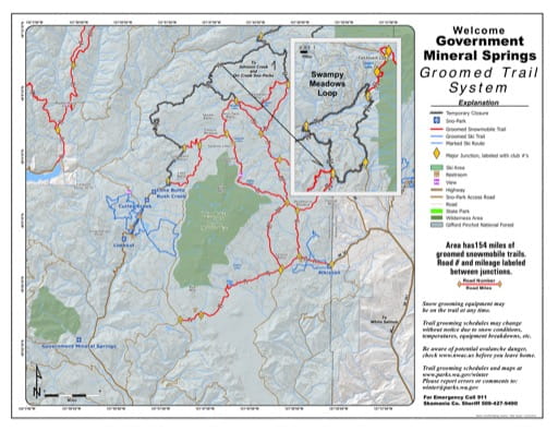 Map of Government Mineral Springs Sno-Park Groomed Trail System. Published by Washington State Parks (WASP).