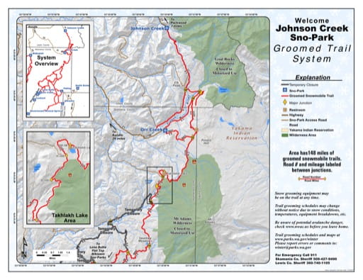 Map of Johnson Creek Sno-Park Groomed Trail System. Published by Washington State Parks (WASP).