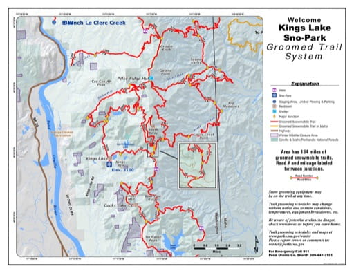 Map of Kings Lake Sno-Park Groomed Trail System. Published by Washington State Parks (WASP).