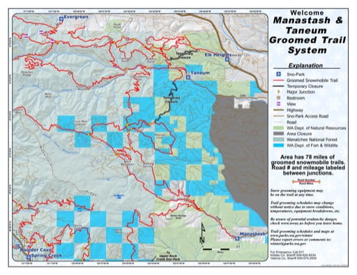 Map of Mannastash and Taneum Sno-Parks Groomed Trail System. Published by Washington State Parks (WASP).