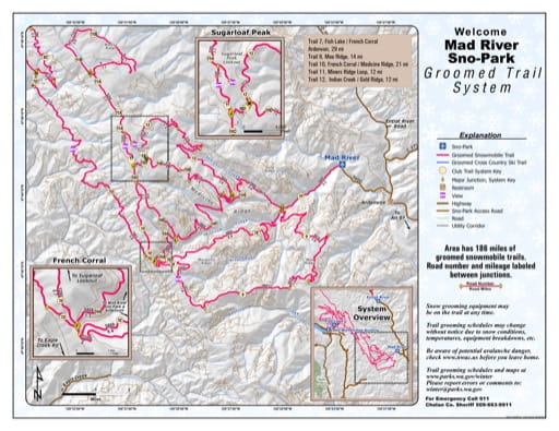Map of Mad River Sno-Park Groomed Trail System. Published by Washington State Parks (WASP).