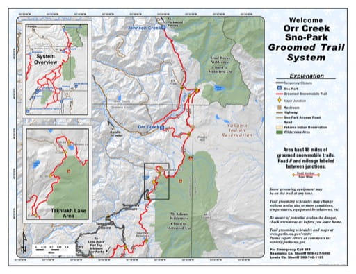Map of Orr Creek Sno-Park Groomed Trail System. Published by Washington State Parks (WASP).