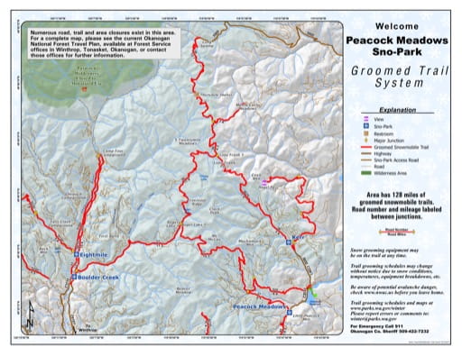 Map of Peacock Meadows Sno-Park Groomed Trail System. Published by Washington State Parks (WASP).