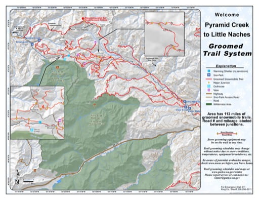 Map of the Groomed Trail System from Pyramid Creek Sno-Park to Little Naches Sno-Park. Published by Washington State Parks (WASP).