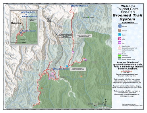 Map of Touchet Corral Sno-Park Groomed Trail System. Published by Washington State Parks (WASP).
