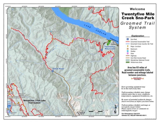 Map of Twentyfive Mile Creek (25 Mile Creek) Sno-Park Groomed Trail System. Published by Washington State Parks (WASP).
