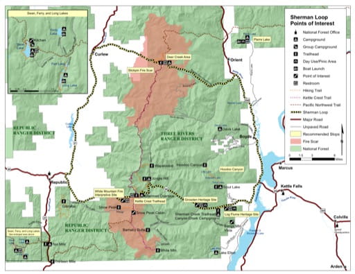 Map with Points of Interests at Sherman Loop in Colville National Forest (NF) in Washington. Published by the U.S. Forest Service (USFS).