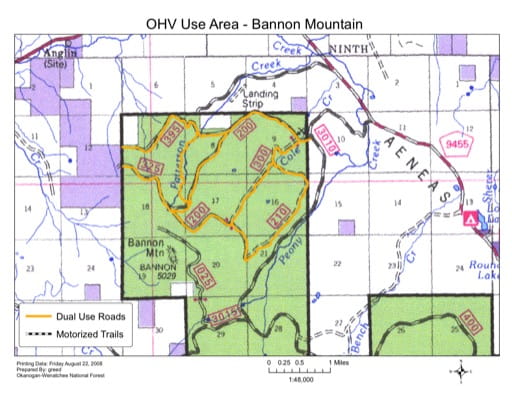 Map of Bannon Mountain Off-Highway Vehilce (OHV) Trails in Tonasket Ranger District (RD) in Colville National Forest (NF) in Washington. Published by the U.S. Forest Service (USFS).