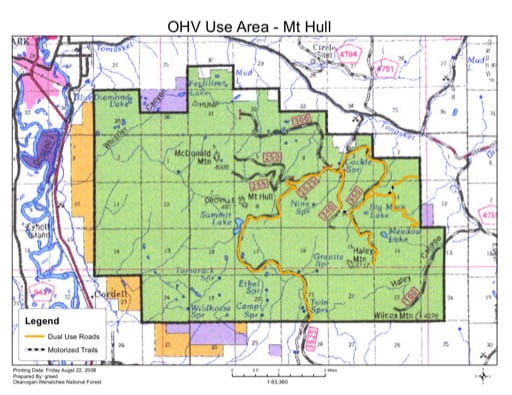 Map of Mount Hull Off-Highway Vehilce (OHV) Trails in Tonasket Ranger District (RD) in Colville National Forest (NF) in Washington. Published by the U.S. Forest Service (USFS).