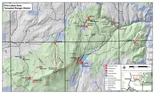 Recreation Map of Fives Lakes area in Tonasket Ranger District (RD) in Colville National Forest (NF) in Washington. Published by the U.S. Forest Service (USFS).