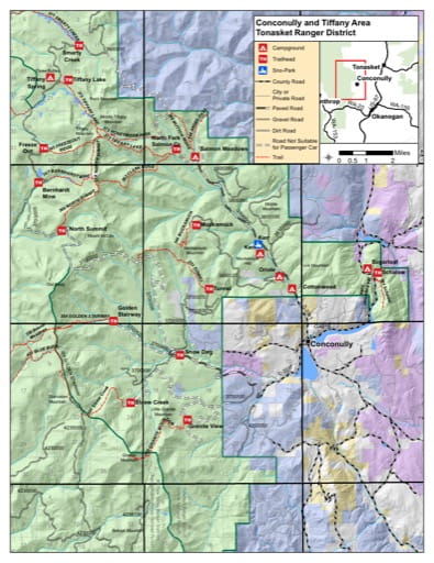 Recreation Map of Conconully and Tiffany Area areas in Tonasket Ranger District (RD) in Colville National Forest (NF) in Washington. Published by the U.S. Forest Service (USFS).
