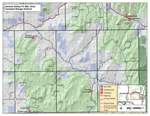 Recreation Map of Aeneas Valley / Fir Mountain area in Tonasket Ranger District (RD) in Colville National Forest (NF) in Washington. Published by the U.S. Forest Service (USFS).